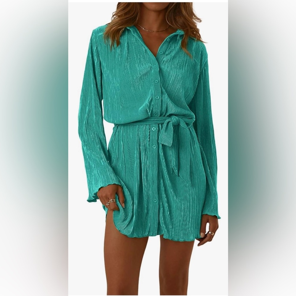 Amazon Large Lake Blue Collar V Neck Button Down Pleated Long Sleeve Mini Dress